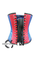 Red Blue Satin V Leather Straps Gothic Steampunk Waist Training Bustier Burlesque Overbust Plus Size Corset Costume
